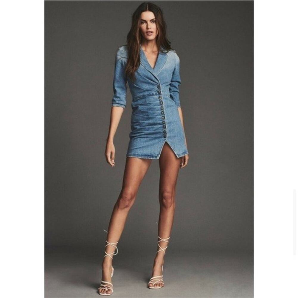 Retrofete Willa Mini Dress Light Blue Stone 3/4 Sleeve Notch Lapel Snap S - Picture 2 of 16